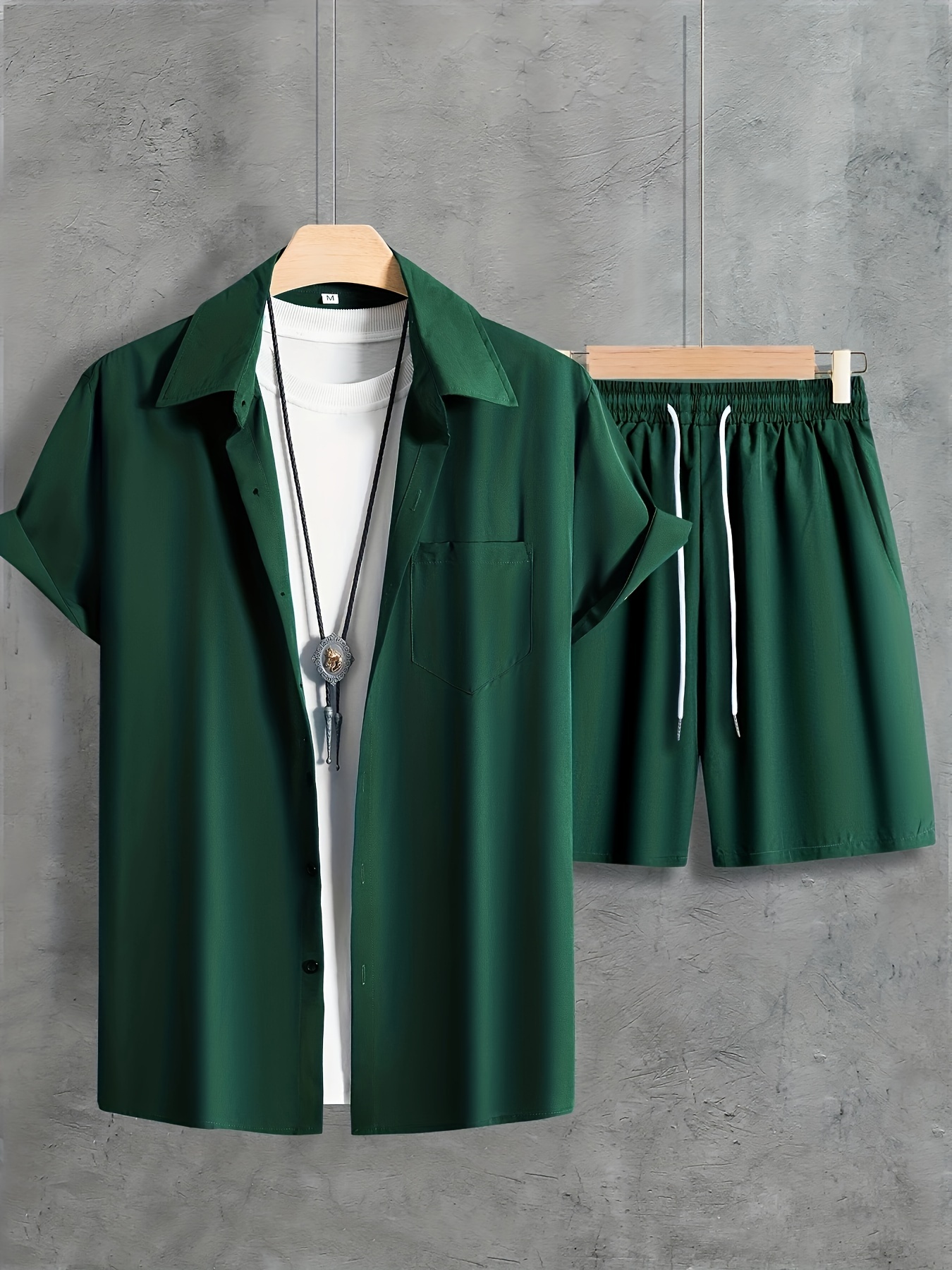 solid color, men's 2pcs outfits, casual lapel button up short sleeve shirts and drawstring shorts set for summer, men's clothing
