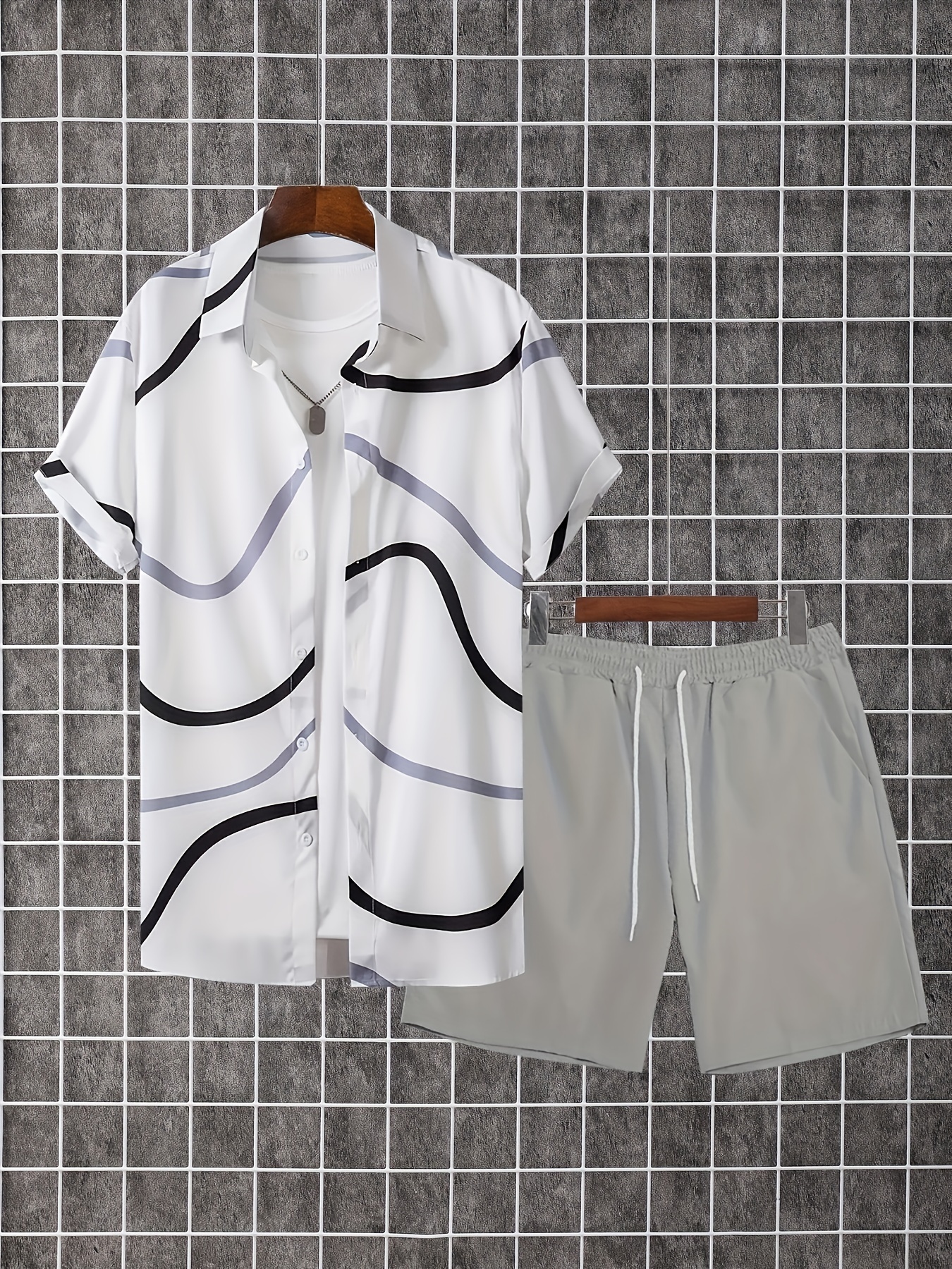 2pcs men's casual summer outfit set, creative stripes design short sleeve button up lapel shirt top & solid drawstring shorts with pockets
