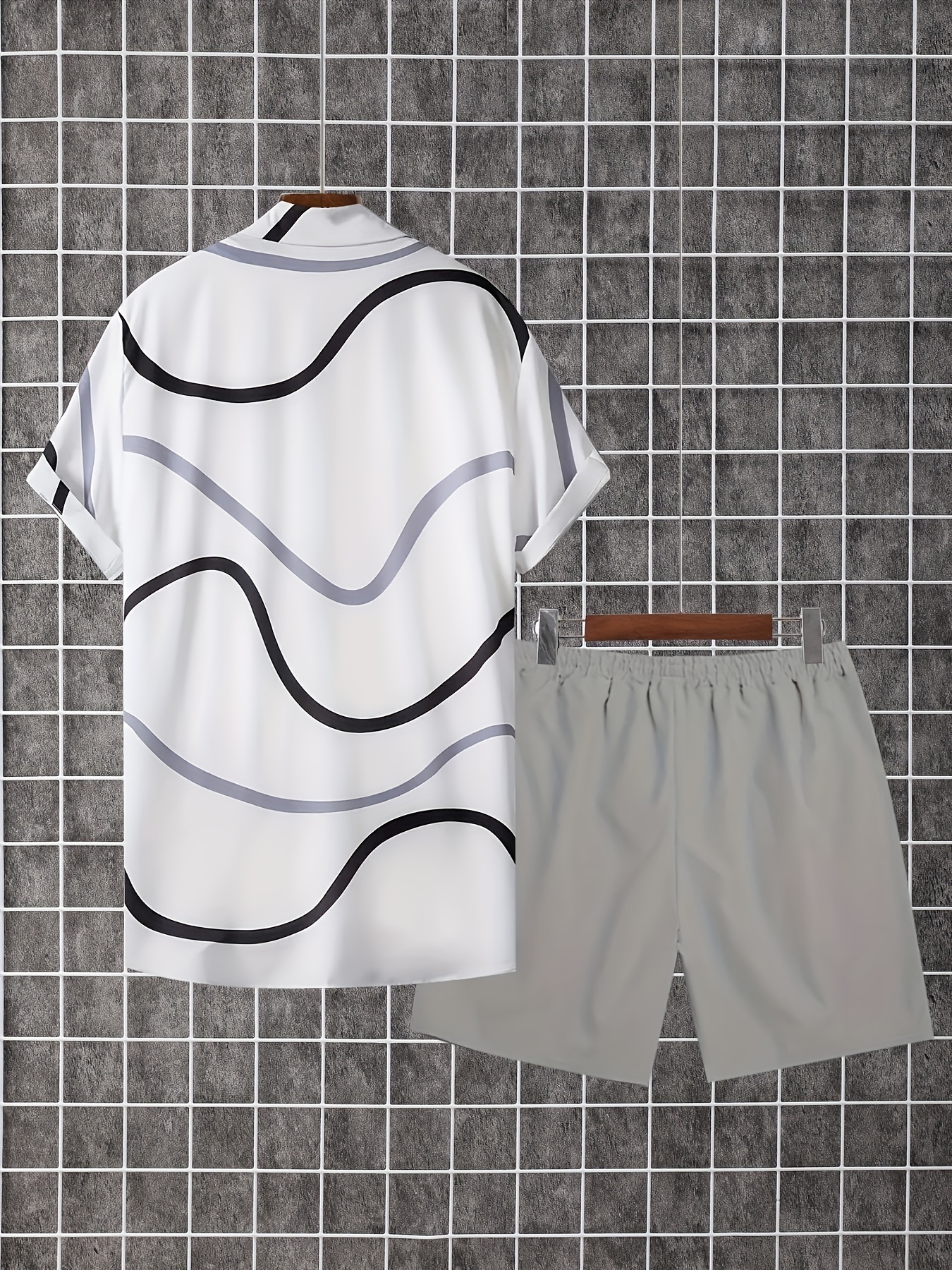 2pcs men's casual summer outfit set, creative stripes design short sleeve button up lapel shirt top & solid drawstring shorts with pockets