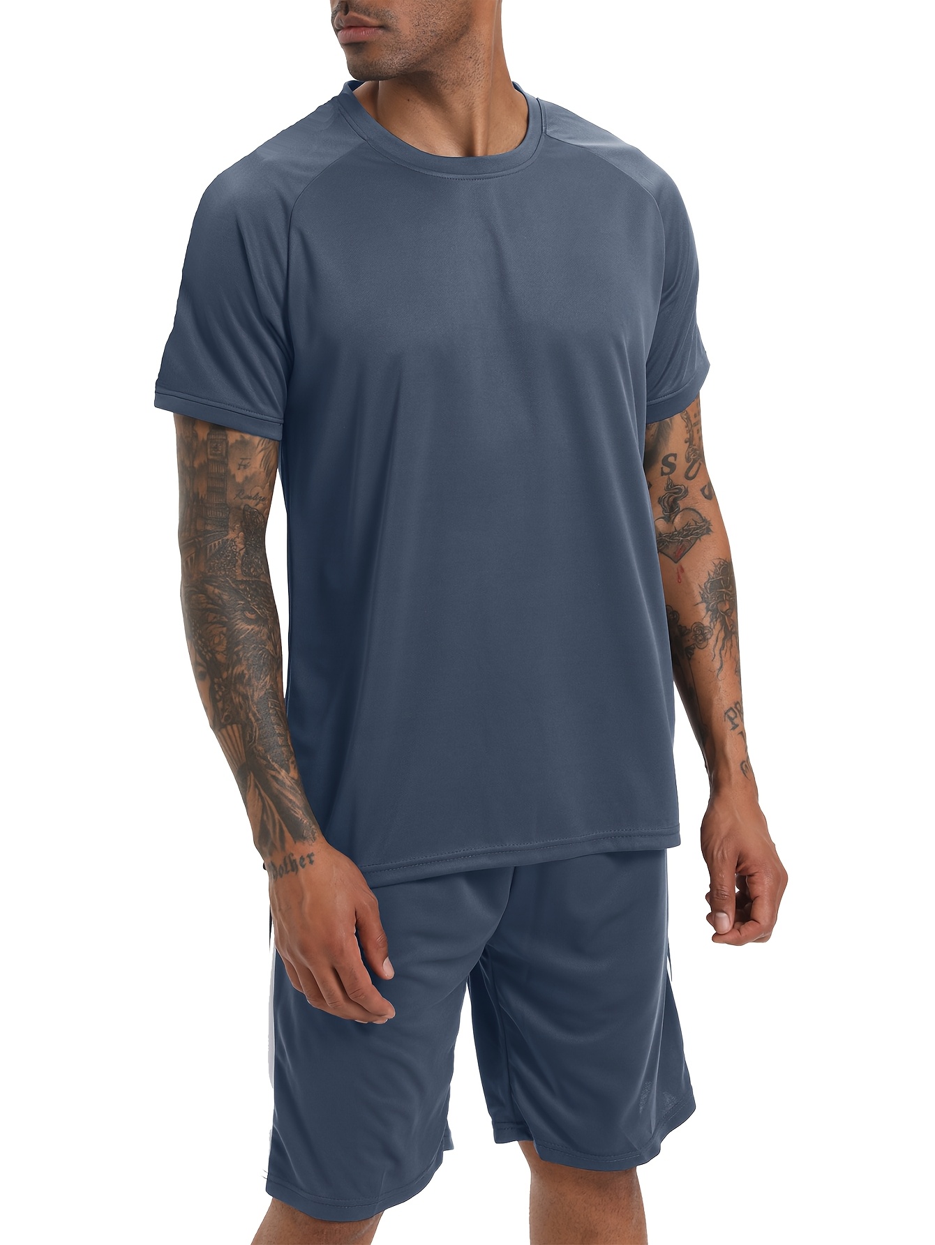 men's 3pcs sports set with short sleeves and shorts, made of lightweight and breathable mesh, perfect for the gym, basketball, and tennis in spring and summer.