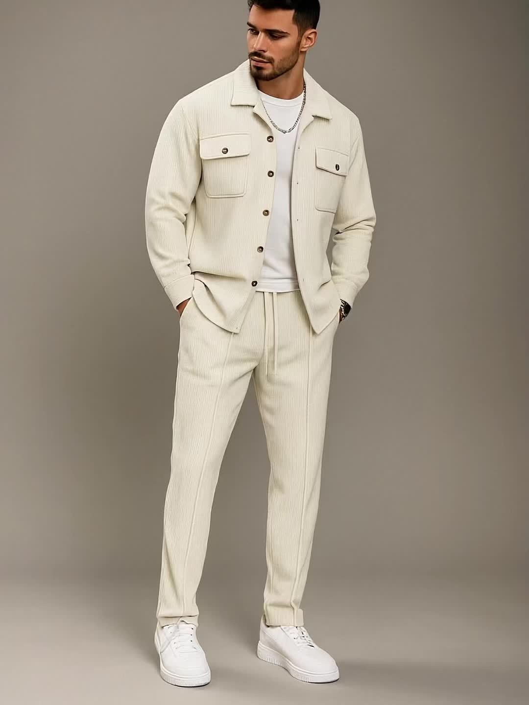 men's waffle knit two piece set pocket shirt jacket and drawstring trousers, urban smart casual outfit