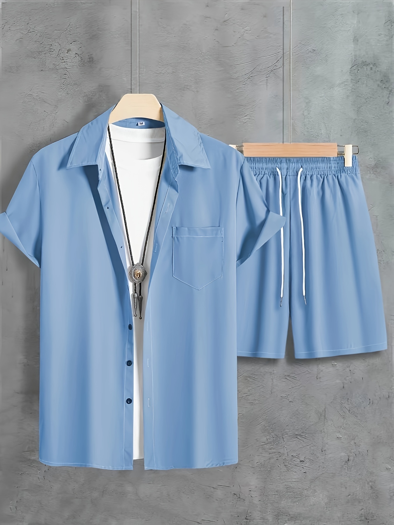 solid color, men's 2pcs outfits, casual lapel button up short sleeve shirts and drawstring shorts set for summer, men's clothing