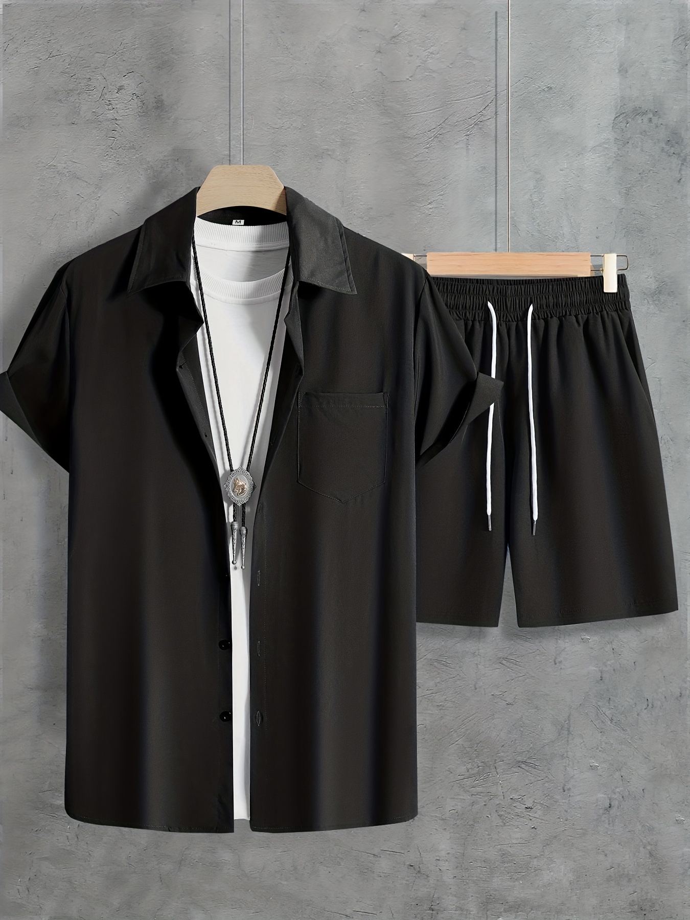 solid color, men's 2pcs outfits, casual lapel button up short sleeve shirts and drawstring shorts set for summer, men's clothing