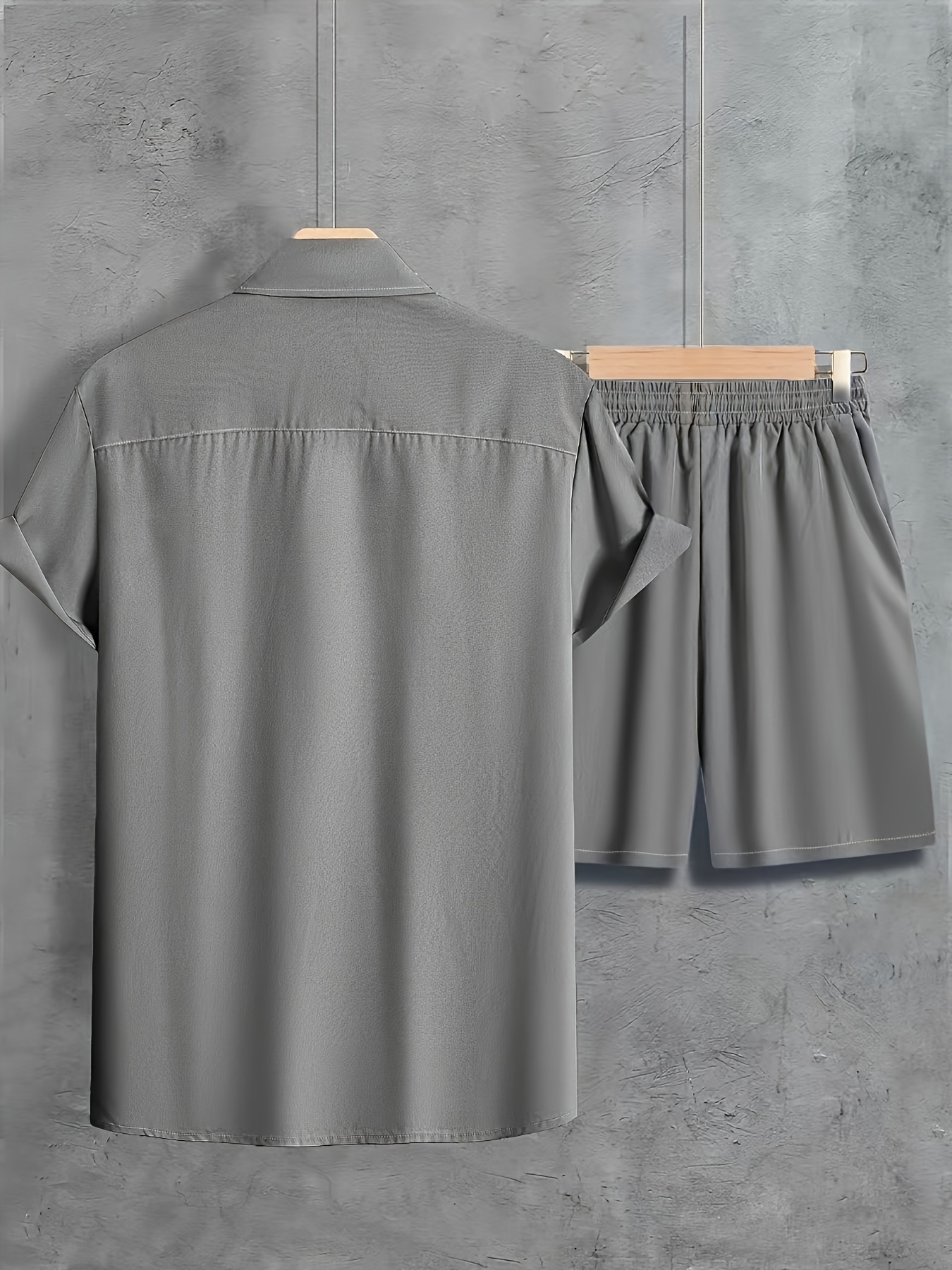 solid color, men's 2pcs outfits, casual lapel button up short sleeve shirts and drawstring shorts set for summer, men's clothing