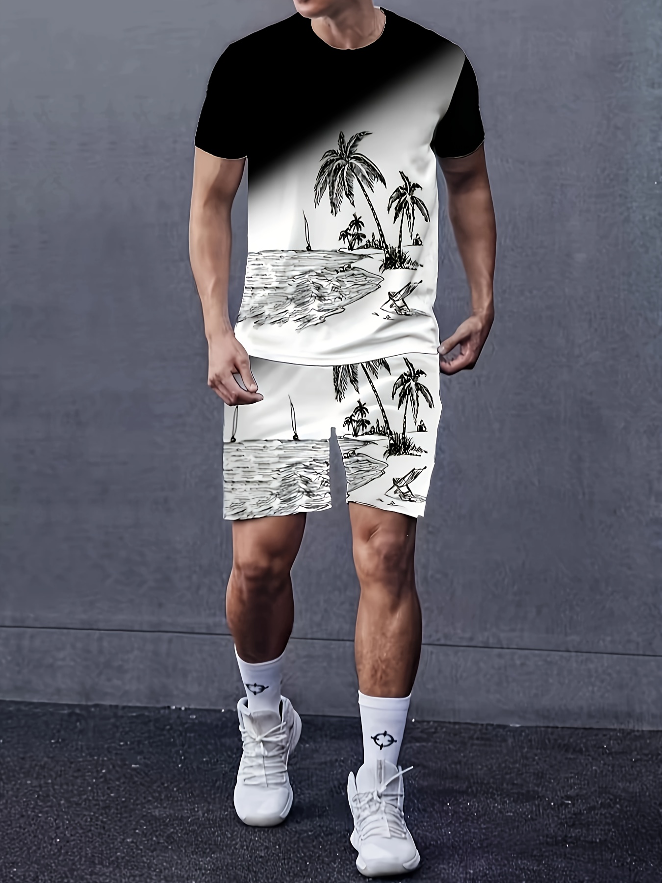 mens summer escape tropical coconut trees pattern 2 piece set lightweight casual t shirt & shorts for fun outdoor adventures