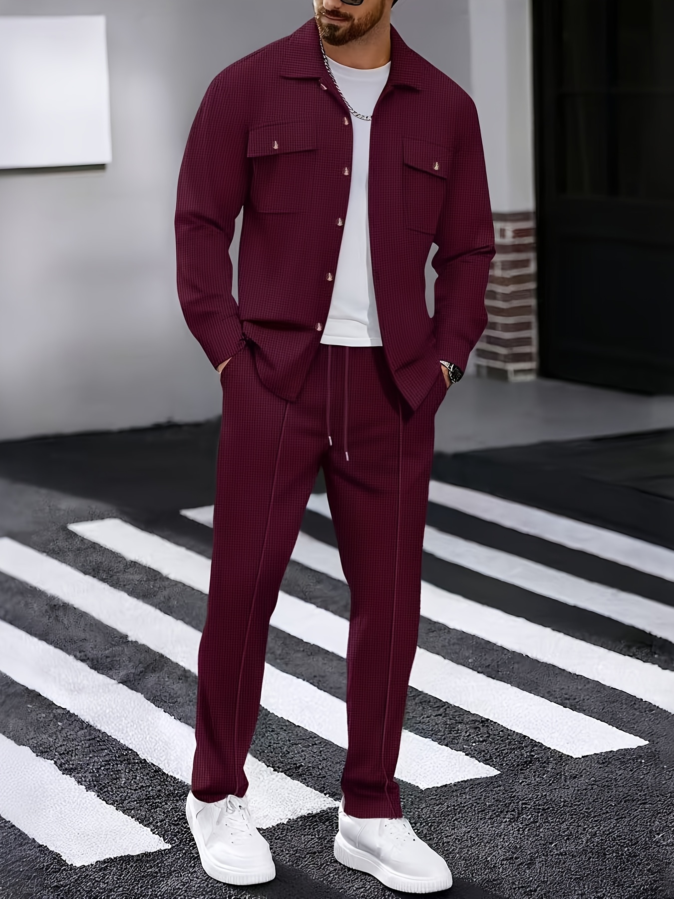 men's waffle knit two piece set pocket shirt jacket and drawstring trousers, urban smart casual outfit