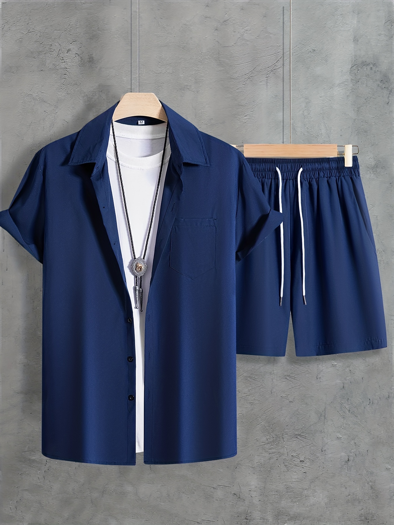 solid color, men's 2pcs outfits, casual lapel button up short sleeve shirts and drawstring shorts set for summer, men's clothing