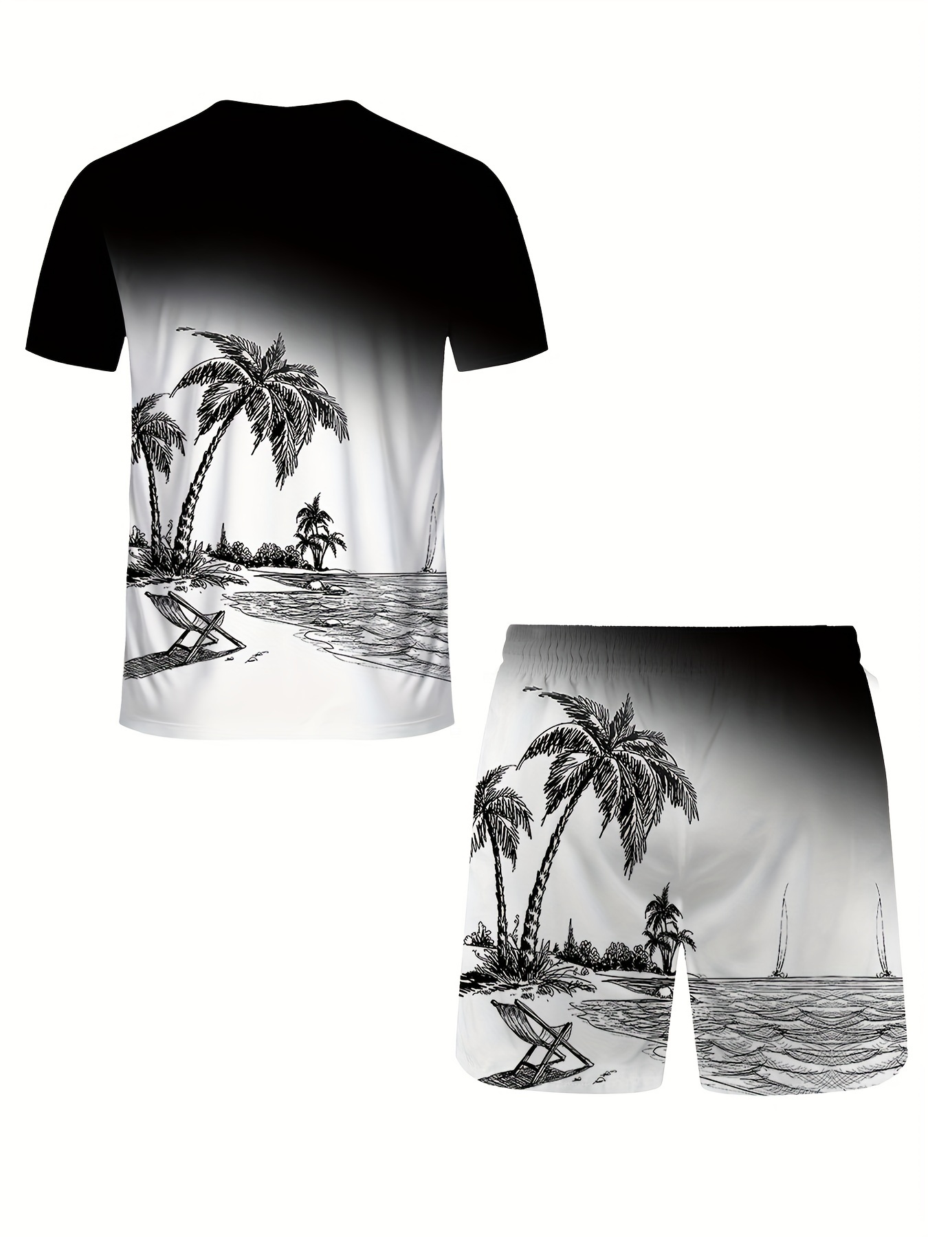 mens summer escape tropical coconut trees pattern 2 piece set lightweight casual t shirt & shorts for fun outdoor adventures