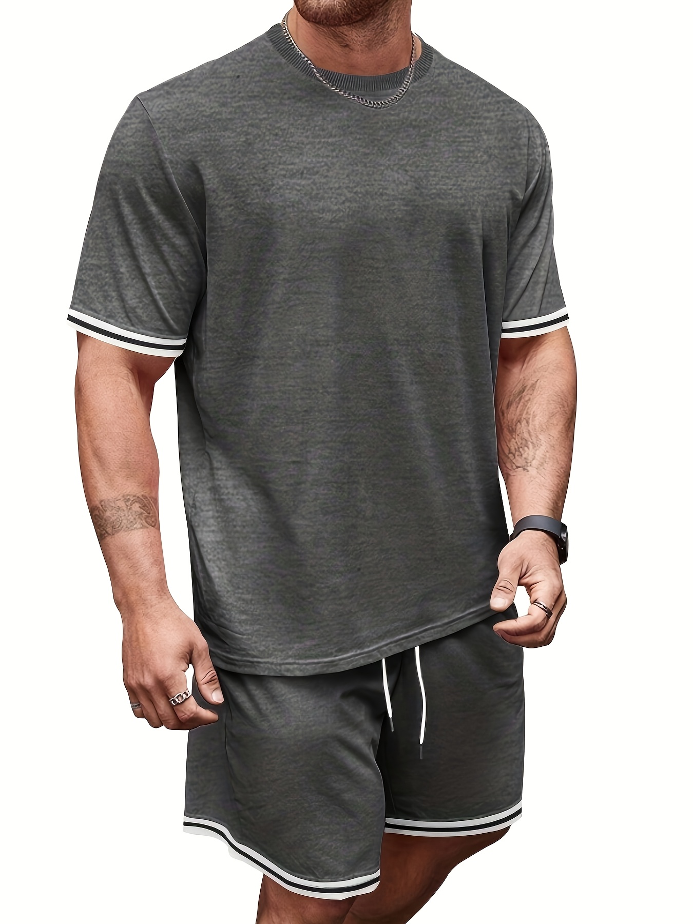 men's summer sportswear set with stripe decorations, suitable for various activities such as casual outings, fitness, and playing basketball.the soft fabric feels great against the skin. it's cool and breathable, a must have for casual outings