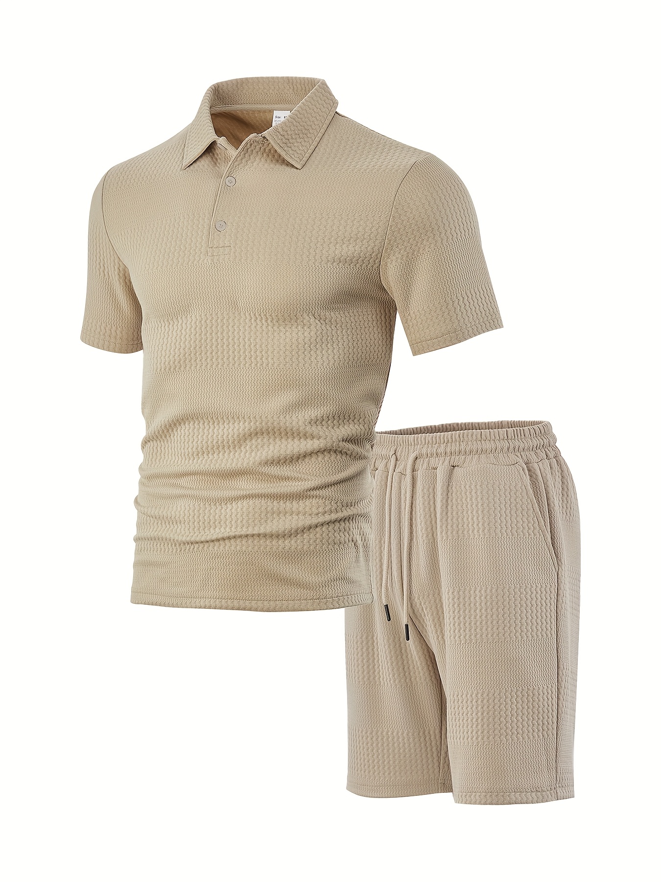the short sleeved polo collar top is classic while maintaining a sense of style. its main body is paired with a unique texture, exuding a high end feel in its simplicity. the shorts in the same color scheme come with a drawstring design