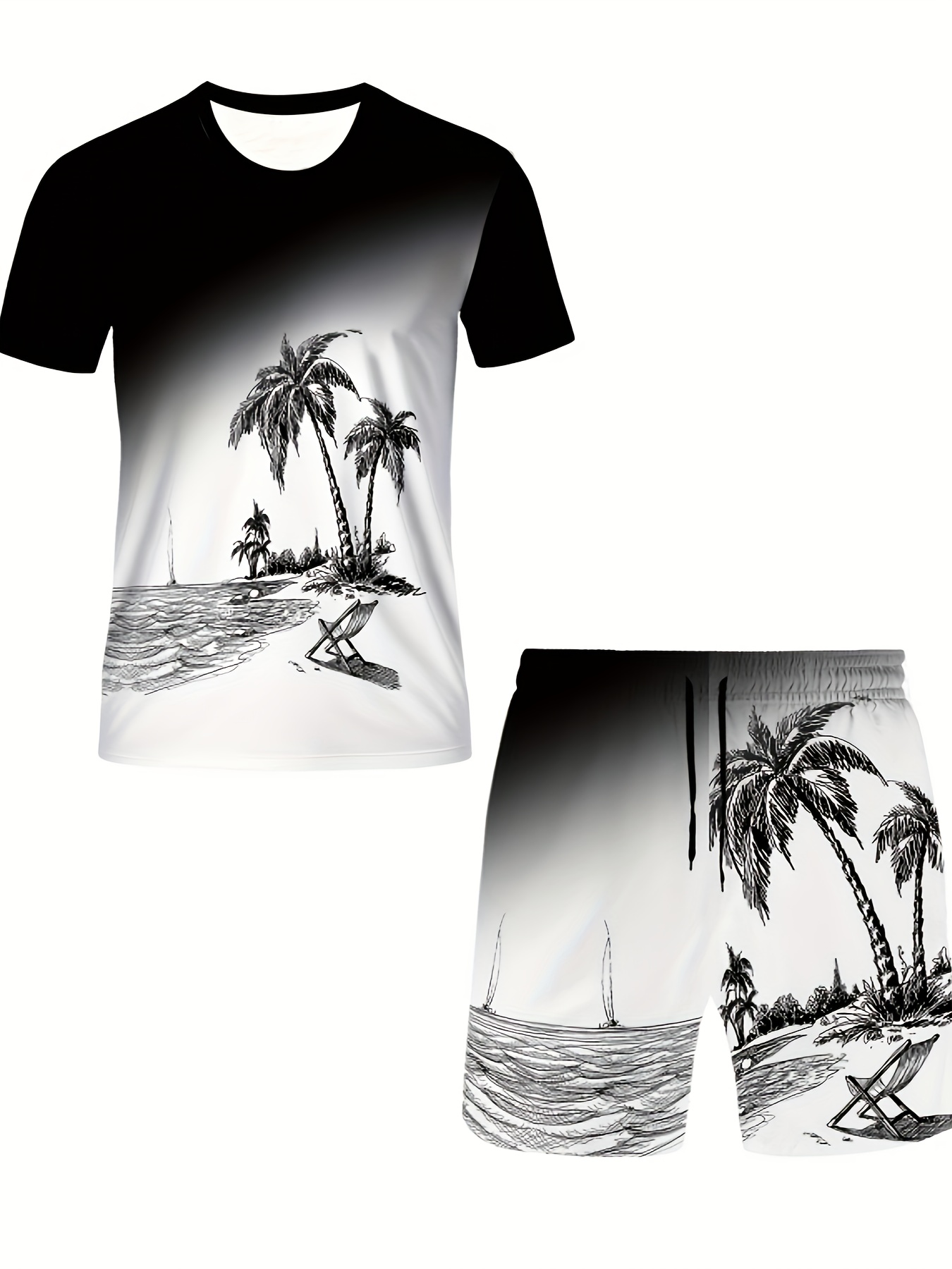 mens summer escape tropical coconut trees pattern 2 piece set lightweight casual t shirt & shorts for fun outdoor adventures