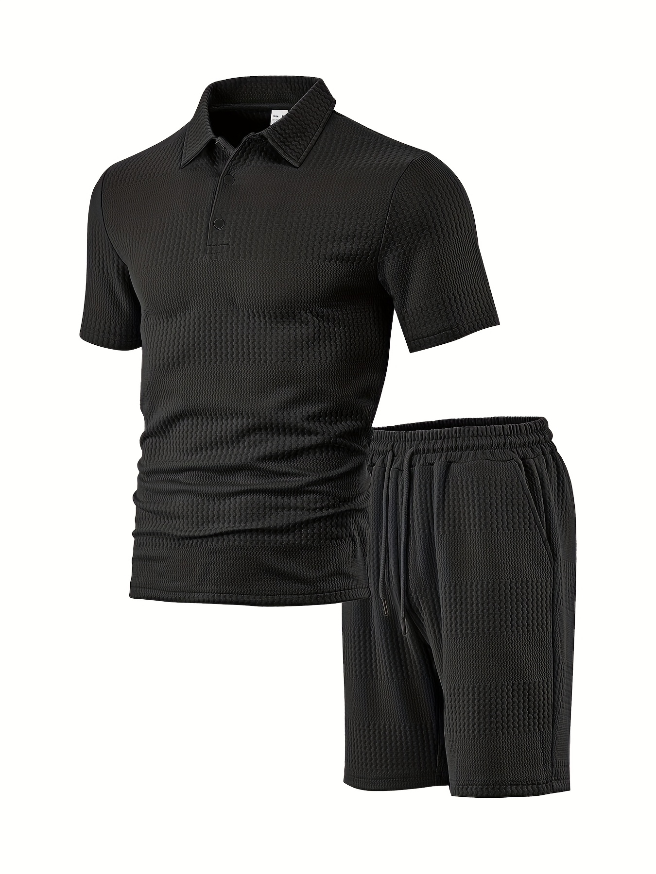the short sleeved polo collar top is classic while maintaining a sense of style. its main body is paired with a unique texture, exuding a high end feel in its simplicity. the shorts in the same color scheme come with a drawstring design
