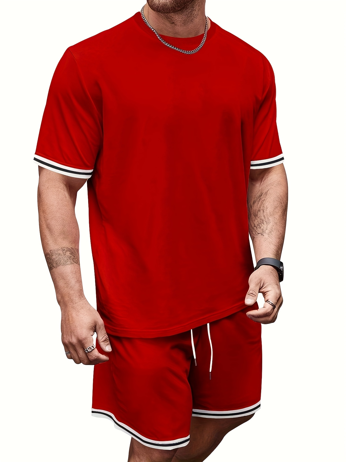 men's summer sportswear set with stripe decorations, suitable for various activities such as casual outings, fitness, and playing basketball.the soft fabric feels great against the skin. it's cool and breathable, a must have for casual outings