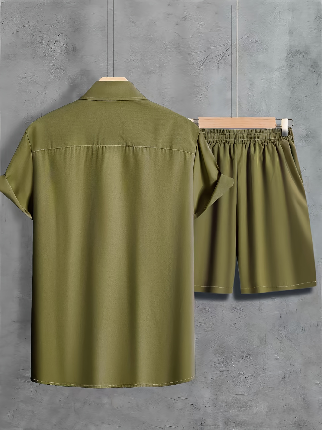 solid color, men's 2pcs outfits, casual lapel button up short sleeve shirts and drawstring shorts set for summer, men's clothing