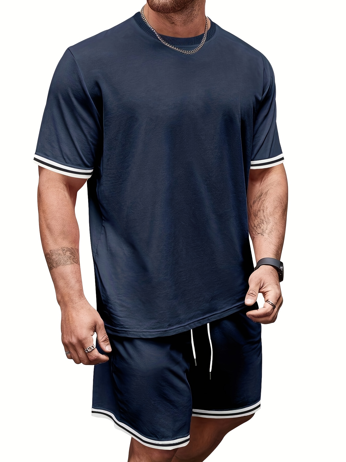 men's summer sportswear set with stripe decorations, suitable for various activities such as casual outings, fitness, and playing basketball.the soft fabric feels great against the skin. it's cool and breathable, a must have for casual outings