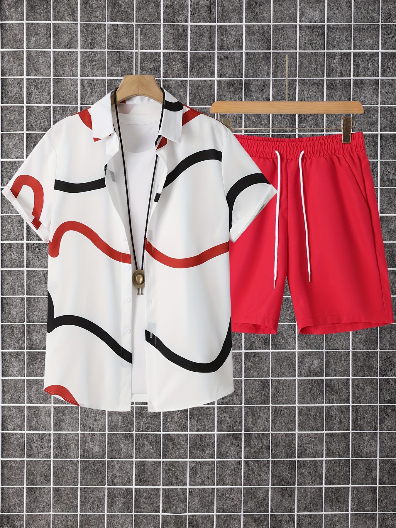 2pcs men's casual summer outfit set, creative stripes design short sleeve button up lapel shirt top & solid drawstring shorts with pockets