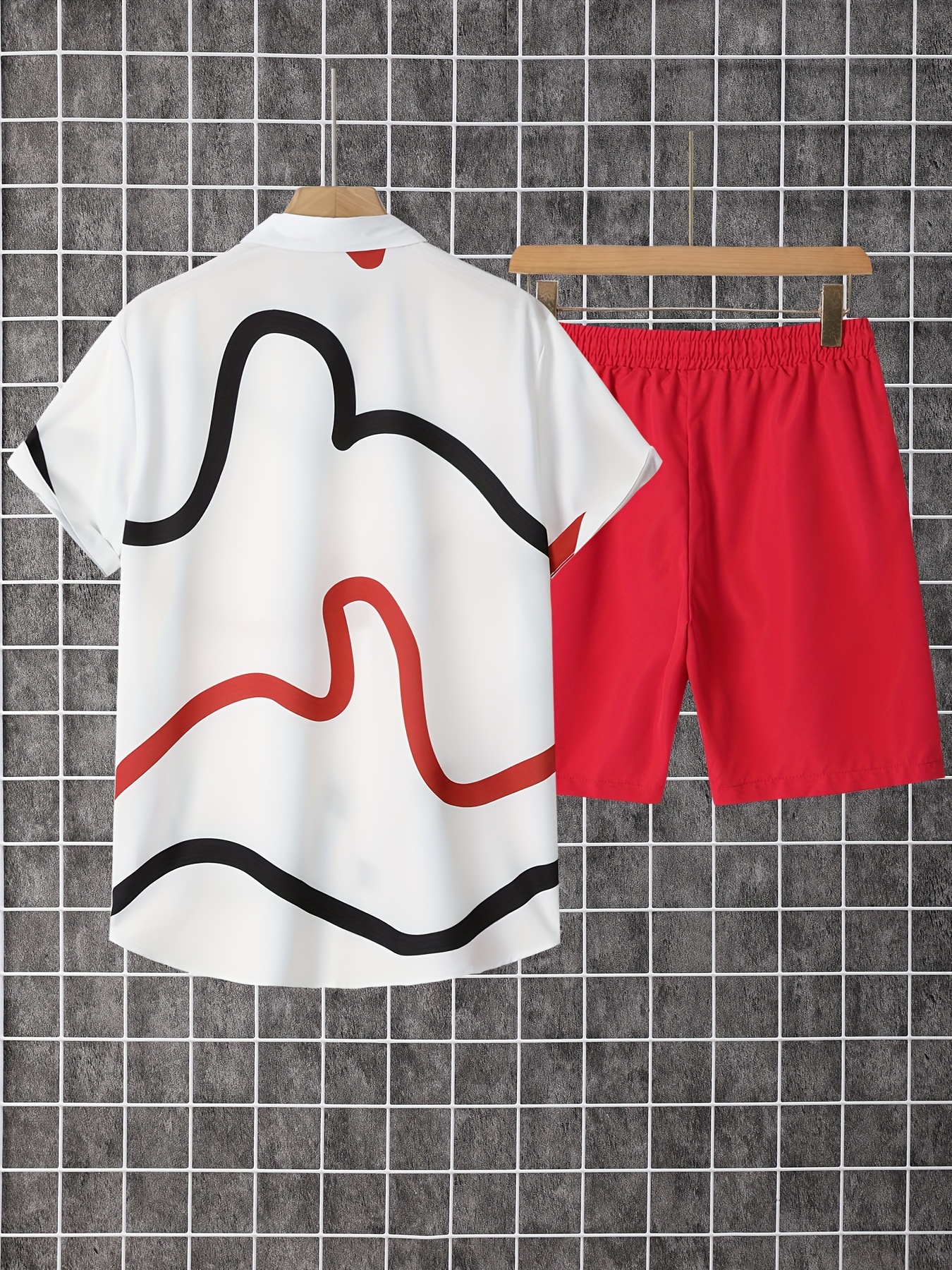 2pcs men's casual summer outfit set, creative stripes design short sleeve button up lapel shirt top & solid drawstring shorts with pockets