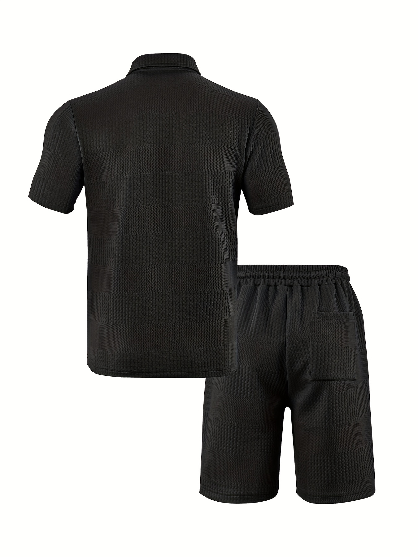 the short sleeved polo collar top is classic while maintaining a sense of style. its main body is paired with a unique texture, exuding a high end feel in its simplicity. the shorts in the same color scheme come with a drawstring design