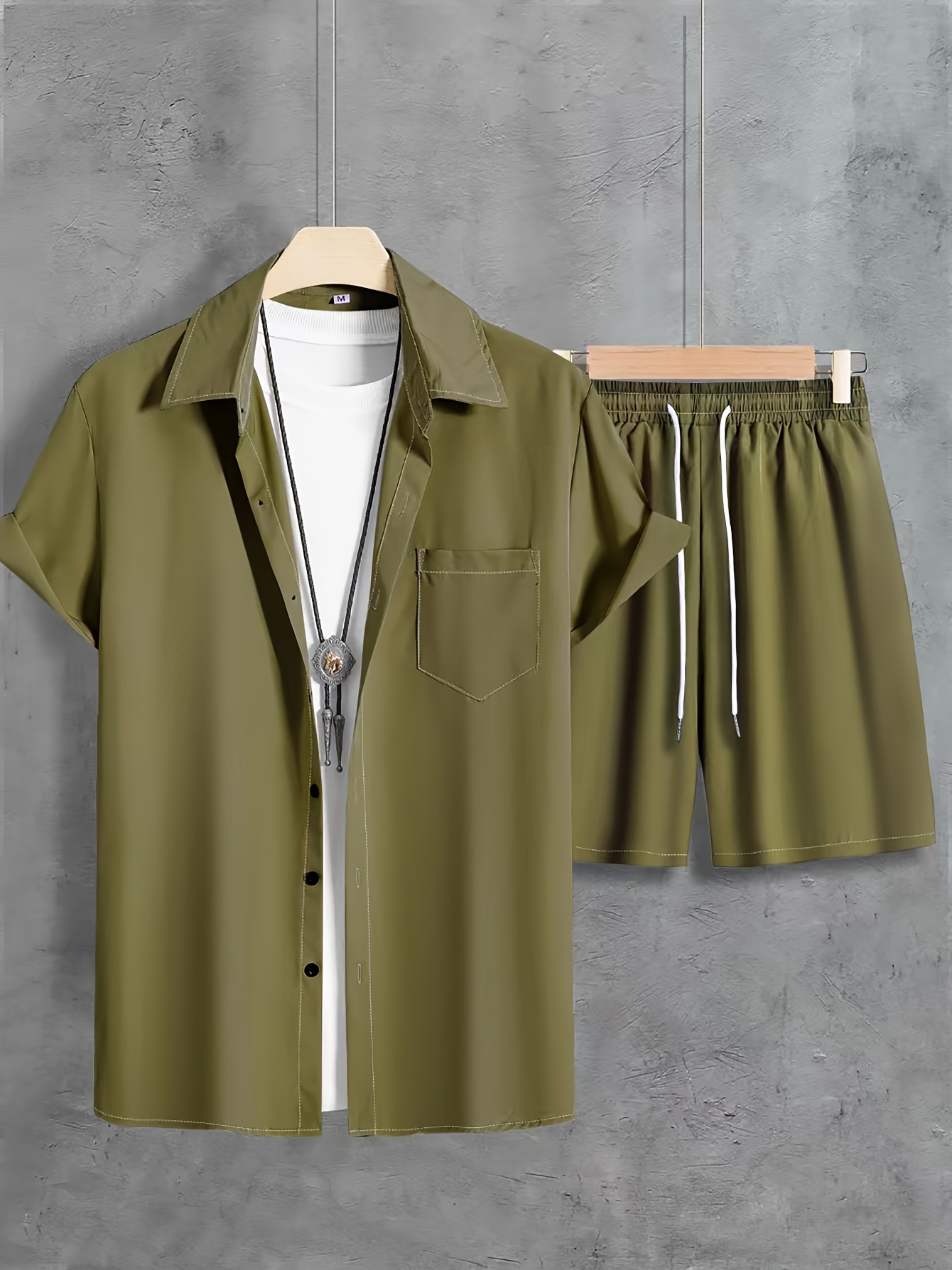 solid color, men's 2pcs outfits, casual lapel button up short sleeve shirts and drawstring shorts set for summer, men's clothing