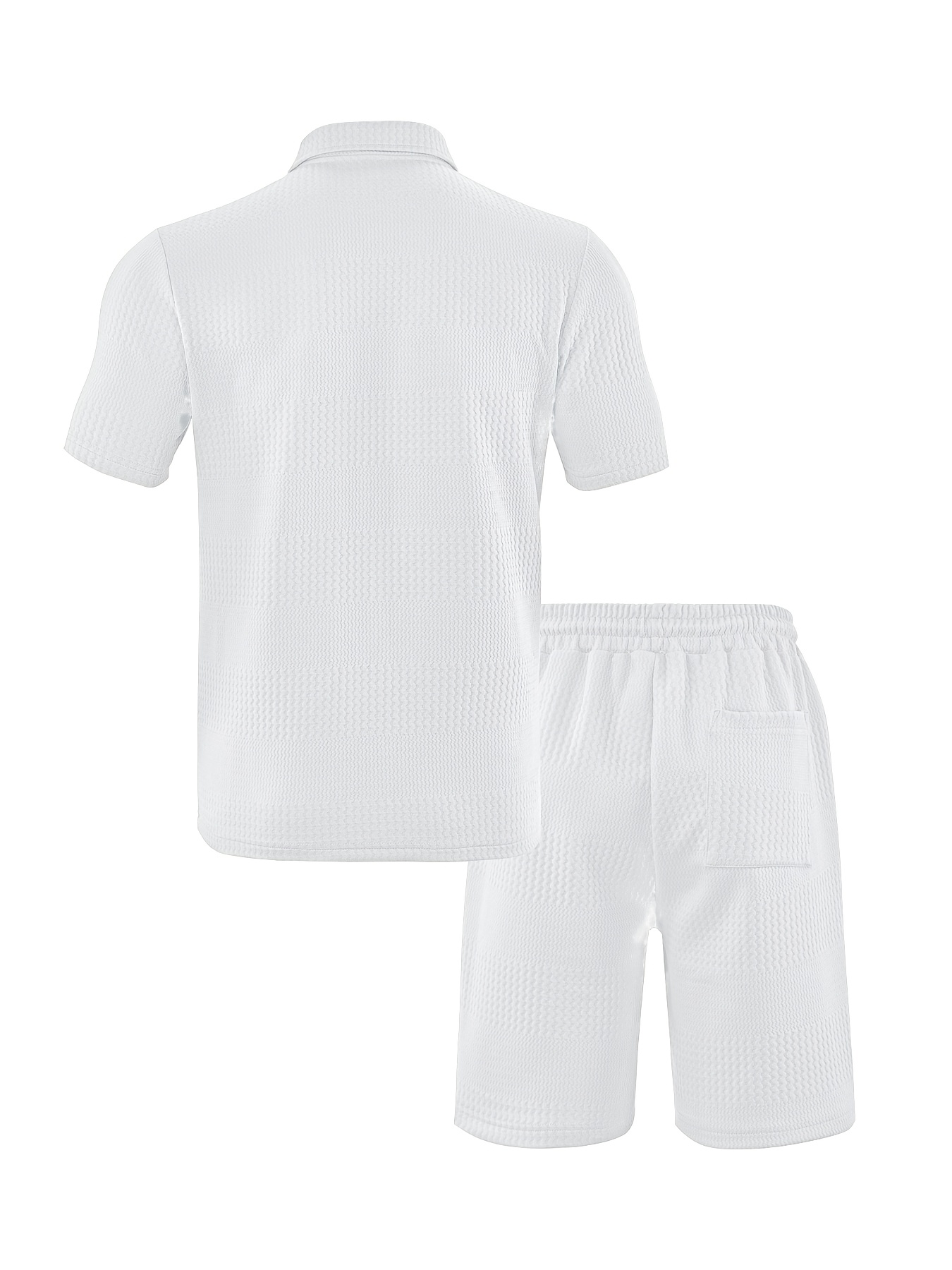 the short sleeved polo collar top is classic while maintaining a sense of style. its main body is paired with a unique texture, exuding a high end feel in its simplicity. the shorts in the same color scheme come with a drawstring design