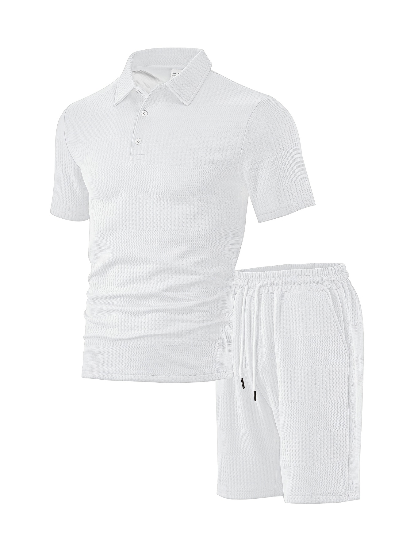 the short sleeved polo collar top is classic while maintaining a sense of style. its main body is paired with a unique texture, exuding a high end feel in its simplicity. the shorts in the same color scheme come with a drawstring design