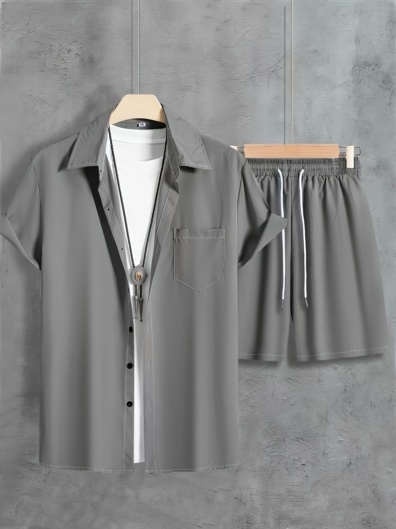 solid color, men's 2pcs outfits, casual lapel button up short sleeve shirts and drawstring shorts set for summer, men's clothing