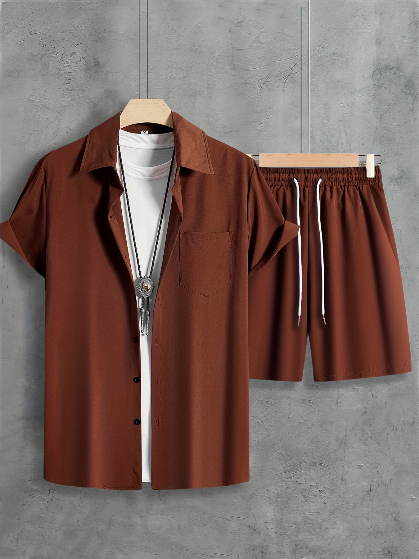 solid color, men's 2pcs outfits, casual lapel button up short sleeve shirts and drawstring shorts set for summer, men's clothing
